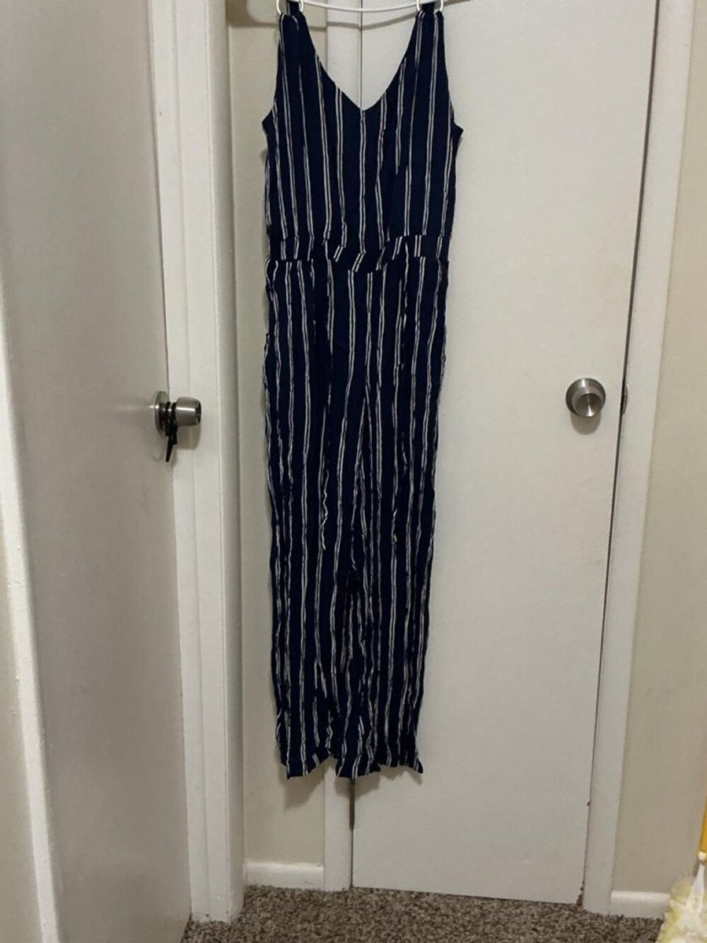 Derek Heart White Navy Striped Jumpsuit — Summer Jumpsuit, Size L